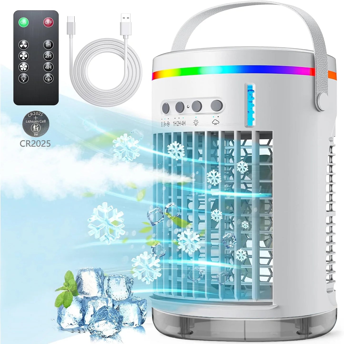 Portable Air Cooler, Cooling fan, Air Conditioner Fan,1400ml,3 Speeds,with 7 Colors Light, USB Powered, for Room/Office/Desk