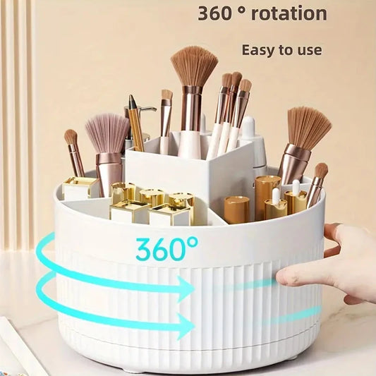 360° Rotating Makeup Organizer - 1pc Plastic Cosmetic Storage With 5 Compartments - Multi-functional Holder For Brushes