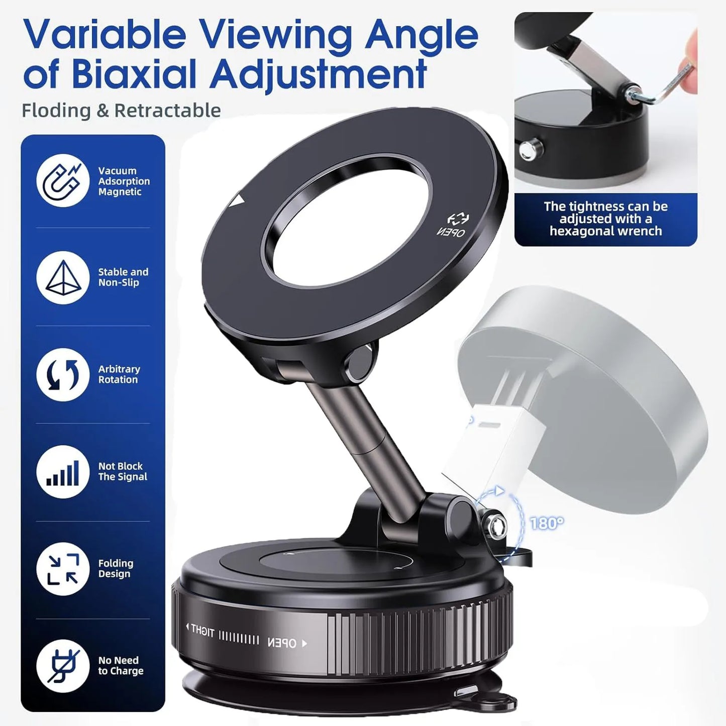 Vacuum magnetic phone holder, Magsafe suction cup phone holder, 360 ° adjustable magnetic phone holder, pocket sized foldable