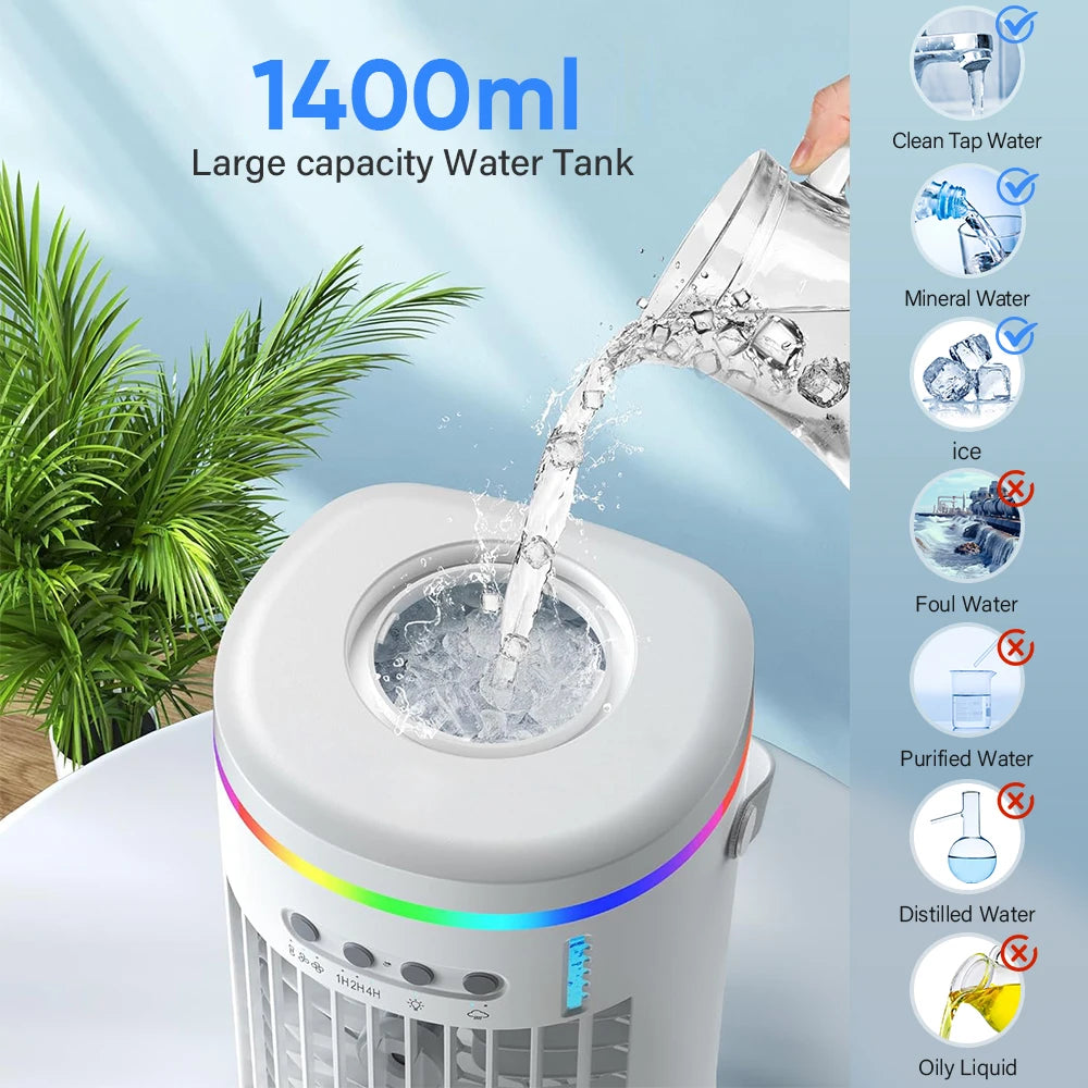 Portable Air Cooler, Cooling fan, Air Conditioner Fan,1400ml,3 Speeds,with 7 Colors Light, USB Powered, for Room/Office/Desk