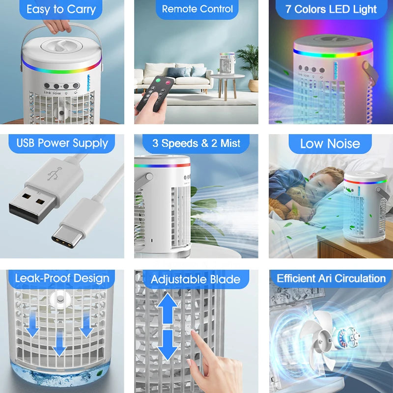 Portable Air Cooler, Cooling fan, Air Conditioner Fan,1400ml,3 Speeds,with 7 Colors Light, USB Powered, for Room/Office/Desk